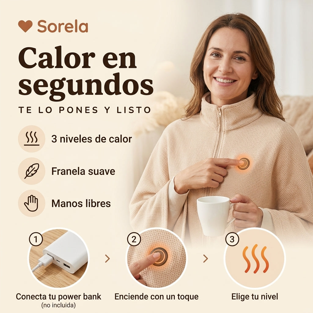 Poncho calefactable Sorela con 3 niveles de calor